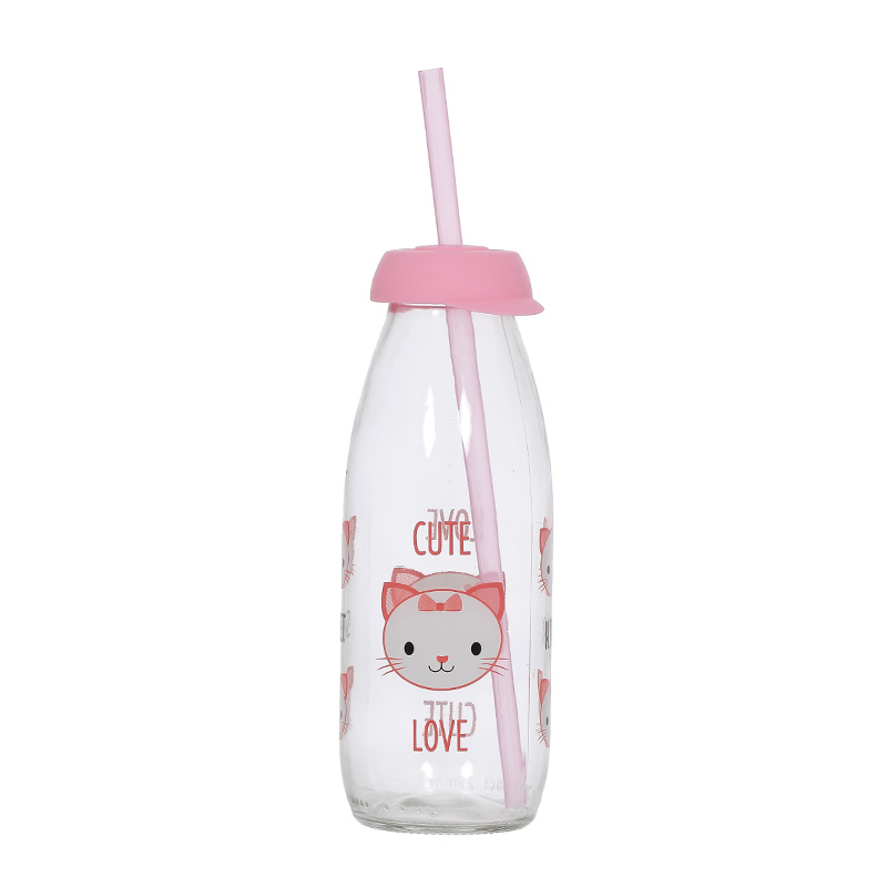 500 Cc Glass Bottle With Straw (Cat) 🚩PROMOTION